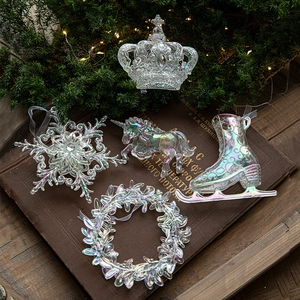 Iridescent Christmas Tree Ornaments Hanging Pendants Transparent Acrylic Crystal Snowflake Reindeer Crown Decor