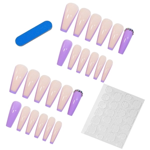 Long purple French ballet fake nails set with colorful rhinestones and tool kit