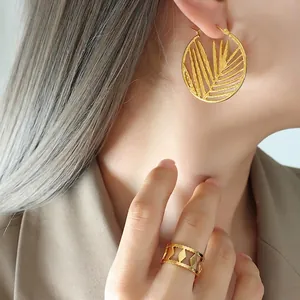 Chic 18k gold plated hollow bamboo leaf earrings and geometric ring set for women