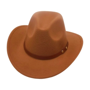 Detail of tan western cowboy hat with brown leather band and golden button accents