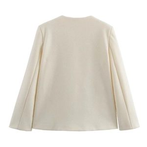 Rear view of a classic white double-breasted long wool coat with a minimalist elegant design