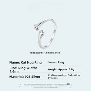 Detailed specs of S925 sterling silver cat paw ring showing 1.6mm width and 1.8g weight