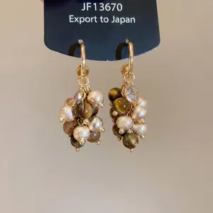 Maillard style geometric round tiger eye stone drop earrings with golden beads and silver pins