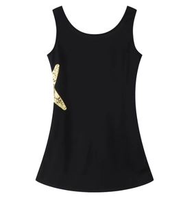Close-up of golden sequin starfish embroidery on black sleeveless mini dress