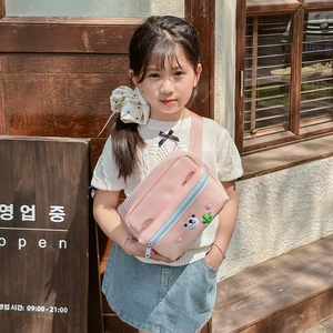Pink crossbody bag for kids with cute bear embroidery and adjustable shoulder strap