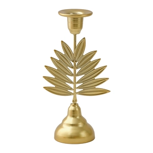 European matte gold iron candle holder featuring an elegant palm leaf pillar and round base