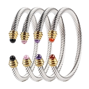 Twisted Cable Cuff Bracelet Stainless Steel Two Tone Faceted Crystal Open Adjustable Fashion Jewelry Women
