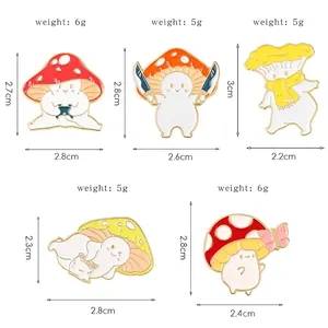 5-piece creative anthropomorphic red mushroom enamel pin set with size and weight details