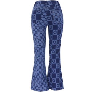 Jean évasé taille haute pour femme avec imprimé damier bleu et motifs floraux en denim
