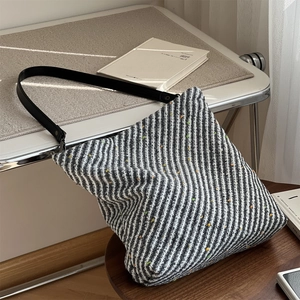 Women's Woolen Tweed Tote Bag Large Capacity Shoulder Bag With Colorful Dots Contrast Stripe Black Leather Strap Handbag