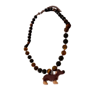 Tiger eye beaded necklace featuring a cute dachshund dog pendant and adjustable clasp