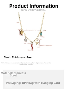 Detailed size specifications for stainless steel paperclip chain necklace with charms