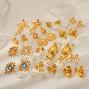 French style 18K gold stainless steel earrings with pearls, bow and evil eye charms