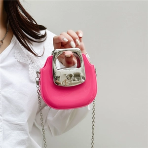 Mini magenta jelly handbag with silver handle and chain strap for summer fashion