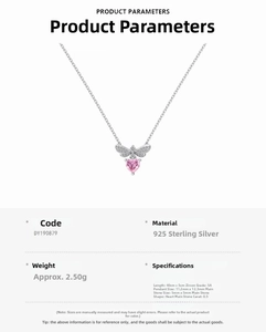 Detail view of 925 sterling silver bee necklace with pink heart-shaped 5A zircon pendant