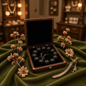 Handcrafted solid wood jewelry box with black bead bracelet on elegant green velvet