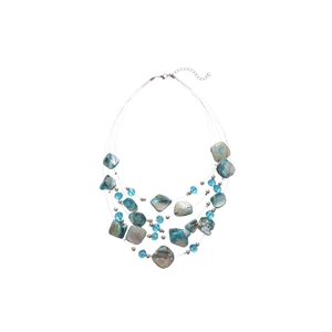 Multilayer beaded shell pendant necklace with blue and white accents for seaside vacations