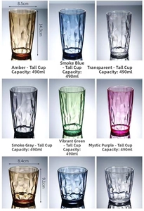 Detail of 490ml acrylic water cup with diamond texture and dimensions 8.5x14.3cm