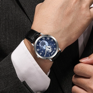 Men's fashion watch with blue earth dial, moon phase, Roman numerals and black leather strap