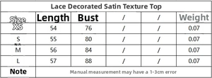 Detailed size chart for lace trim satin camisole showing measurements for XS to L