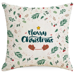 Linen Christmas pillow cover with Merry Christmas text and red mittens on white background