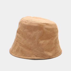 Detail view of khaki faux suede bucket hat featuring parallel quilted stitching on the brim
