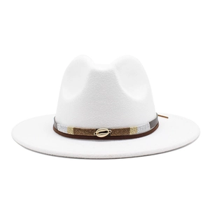 Classic white wool felt fedora with decorative leather band and gold shell detail