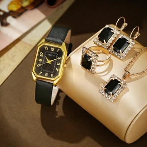 Luxury gold women's square quartz watch with black leather strap and rhinestone jewelry set