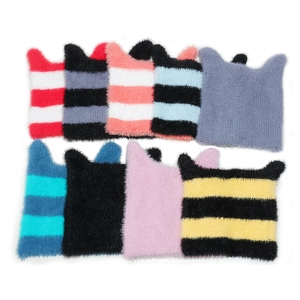 Katzenohr Strickmütze Gestreift Plüsch Y2K Winter Warm Beanie Damen Süß