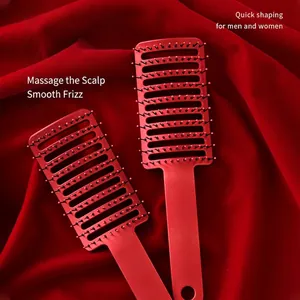 Red curved vent hairbrush with boar bristles for quick styling and scalp massage