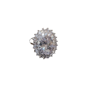 Silver plated oval zircon open ring featuring a vintage halo design with white gemstones
