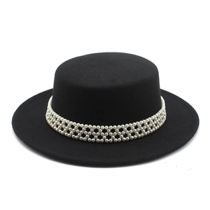 French Vintage Boater Hat Wool Felt Artificial Pearl Beaded Band Wide Brim Flat Top Elegant Retro For Women