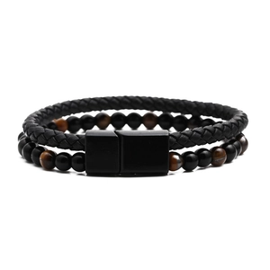Doppelreihiges Herren-Lederarmband mit Tigerauge-Perlen und Onyx-Magnetverschluss
