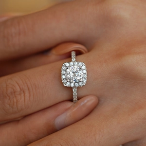 Luxurious S925 silver moissanite ring with round center stone and square halo setting
