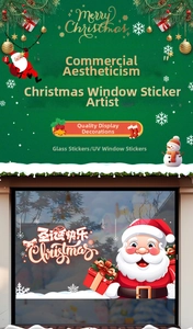 Detail of Christmas Santa static glass stickers and red gift box decals on a window