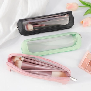 Portable clear PU makeup brush travel cases in black, mint, and pink with PVC windows