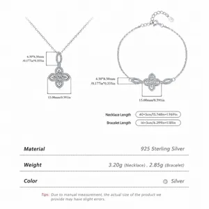 Maattabel voor S925 zilveren ketting en armband met bloemmotief en afmetingen in mm