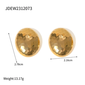 18k gold plated stainless steel oval earrings with unique hammered disco texture