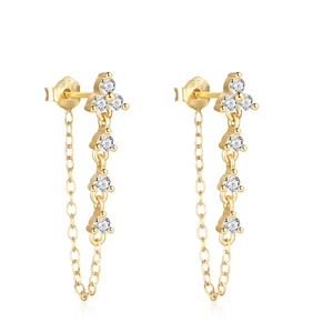 Elegant S925 sterling silver chain earrings with cz stone fringe in gold finish
