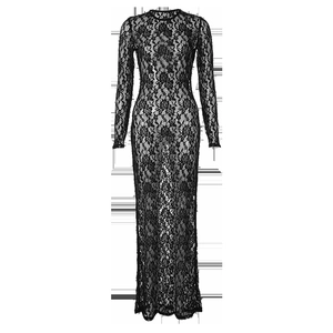 Detail view of the intricate floral lace patterns and sheer fabric on this black long gown