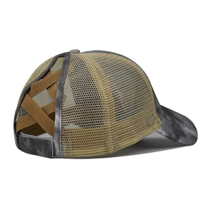 Detail view of the washed ponytail baseball cap with criss-cross elastic bands and mesh back