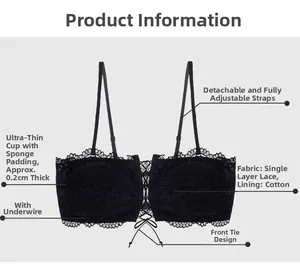 Detailed view of black lace bra featuring 0.2cm ultra-thin cups and front lace-up design
