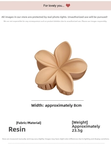 Detail view of 8cm matte resin flower hair claw clip in beige showing dimensions and weight