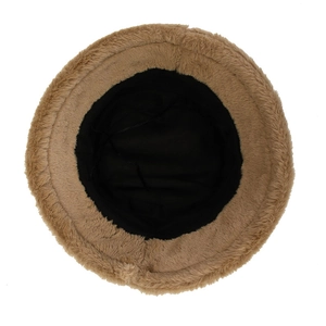 Brown plush bucket hat for women with warm faux fur material and soft black lining