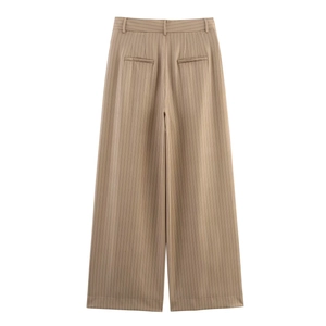 Women's 2025 summer khaki vertical striped wide-leg pants with high waist and back pockets