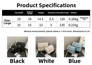 Detailed size chart for quilted chain bag with pearl handle in various colors