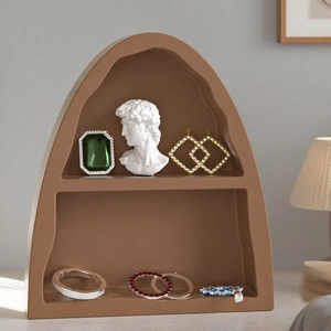 Matte brown arched resin display tray with two tiers for jewelry storage and home decor