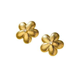 Elegant gold flower earrings with sparkling zircon center and matte textured finish