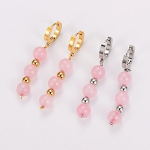 Pink quartz stone beaded hoop earrings with gold and silver hooks for beach style