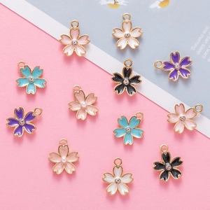 Enamel cherry blossom alloy pendants with rhinestones in multiple pastel colors